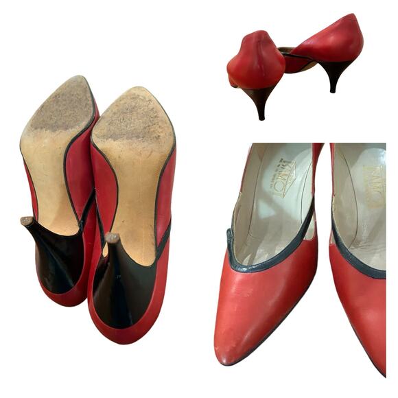 Vintage Red Leather Heels with Cutouts Pointed Toe Pumps Italy / 7.5 US - - Picture 3 of 6